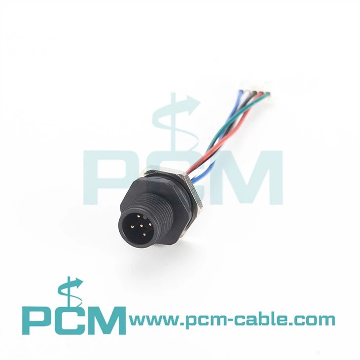 M12 connector A coding Male 5 Contact  panel mount PG9 front fastened solder wire pins