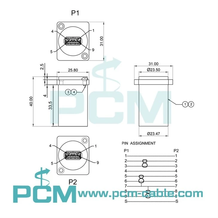 dimensions drawing cutout size of Feed through chassis mount USB3.0 A to A D series panel mount adapter